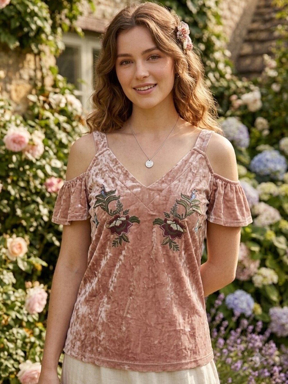 Sweet Wanderer Dusty Rose Crushed Velvet Cold Shoulder Embroidered Top L